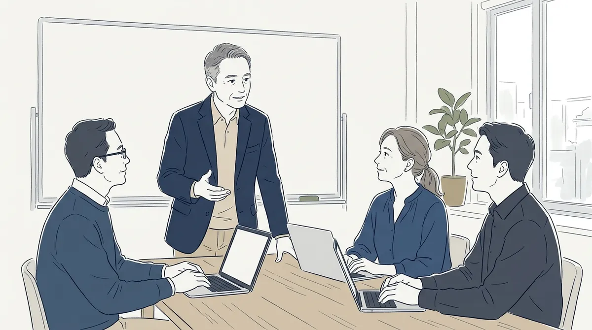 会議室で社員に研修の予定を説明する50代の経営者のイラスト
