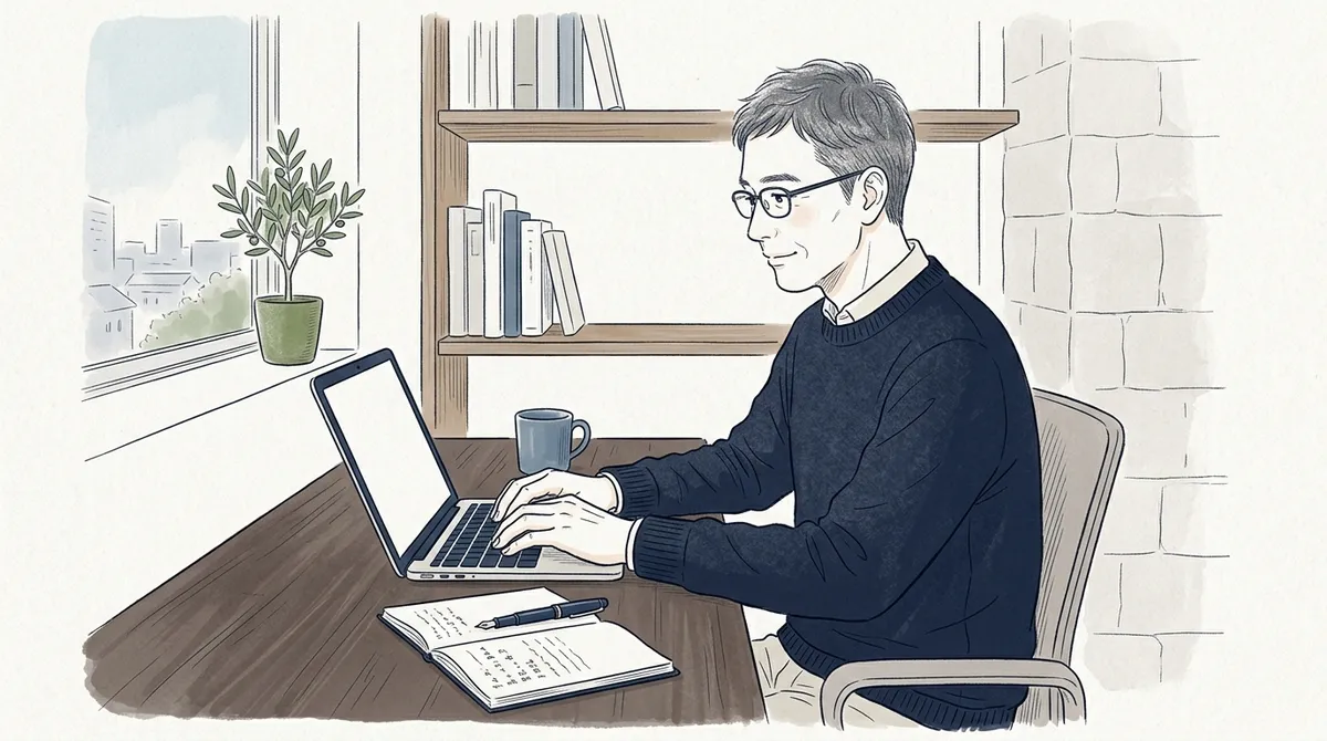 手書きの下書きを横に置き、ノートパソコンでメールを書く50代の男性のイラスト