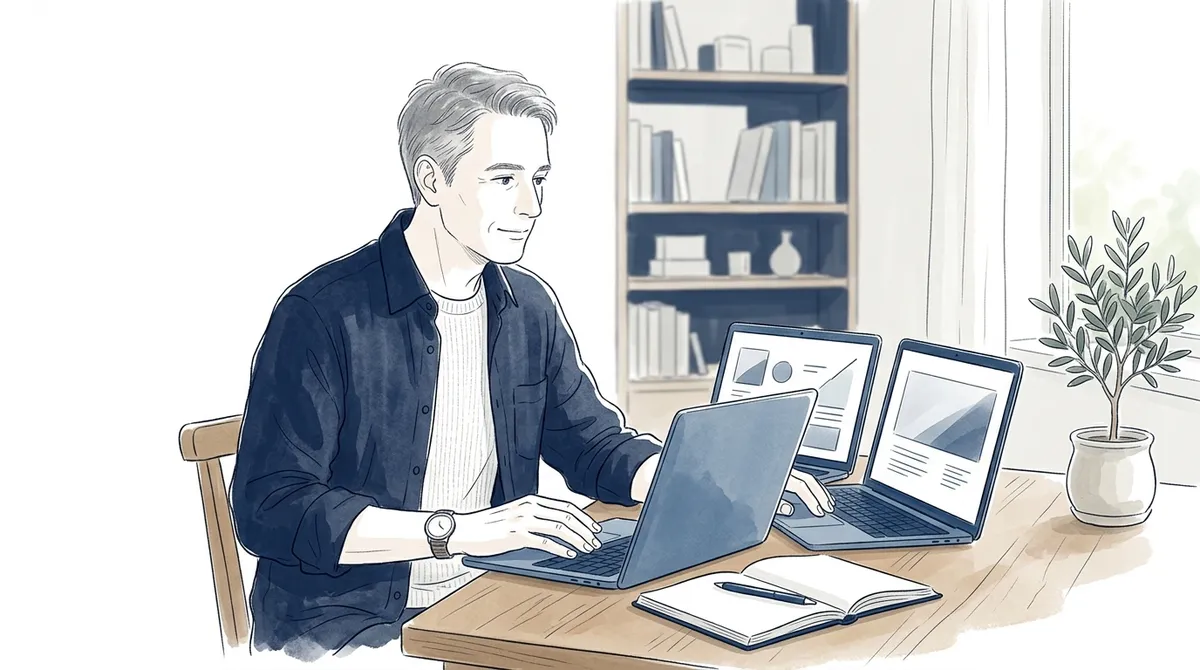 机に並べたパソコンの画面を見比べる50代の男性のイラスト