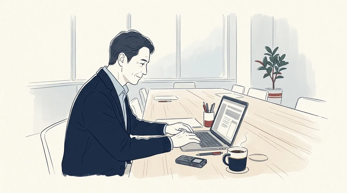 打ち合わせのあと、録音機を横に置いてノートパソコンで議事録を整える50代の男性のイラスト