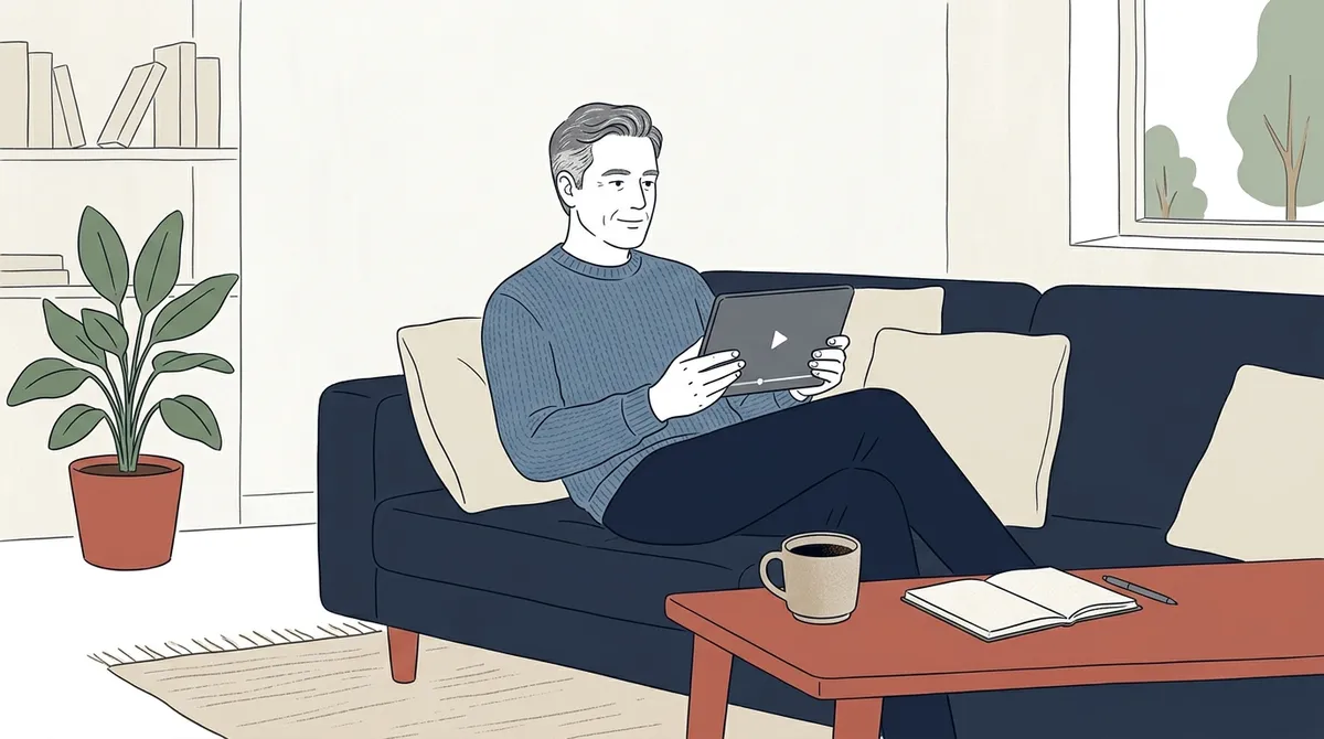 自宅のソファで、タブレットで動画の講座を見る50代の男性のイラスト