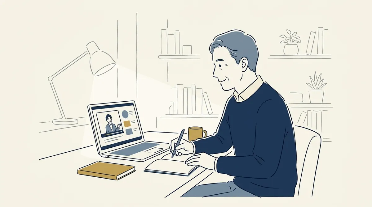 夜の書斎でオンライン講座を見ながらノートにメモを取る50代の男性のイラスト