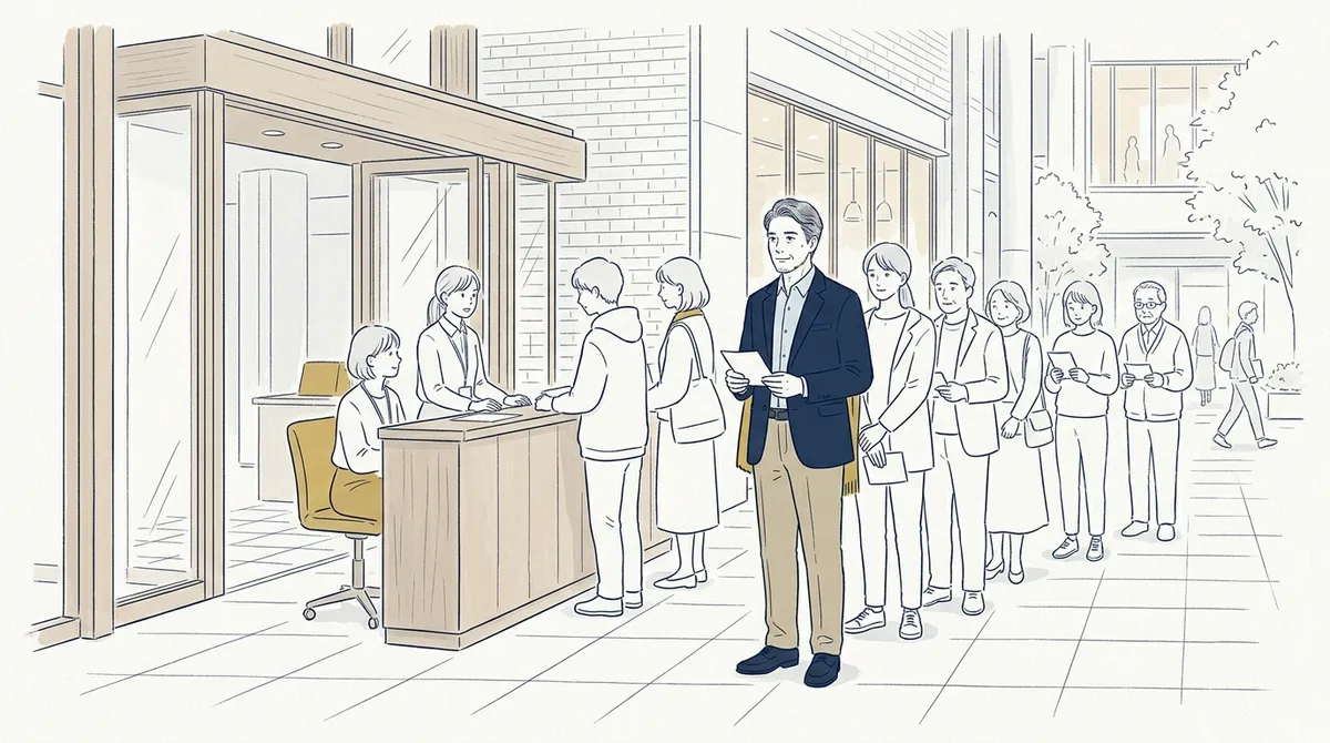 試験会場の受付の列に、受験票を手に並ぶ50代の男性のイラスト