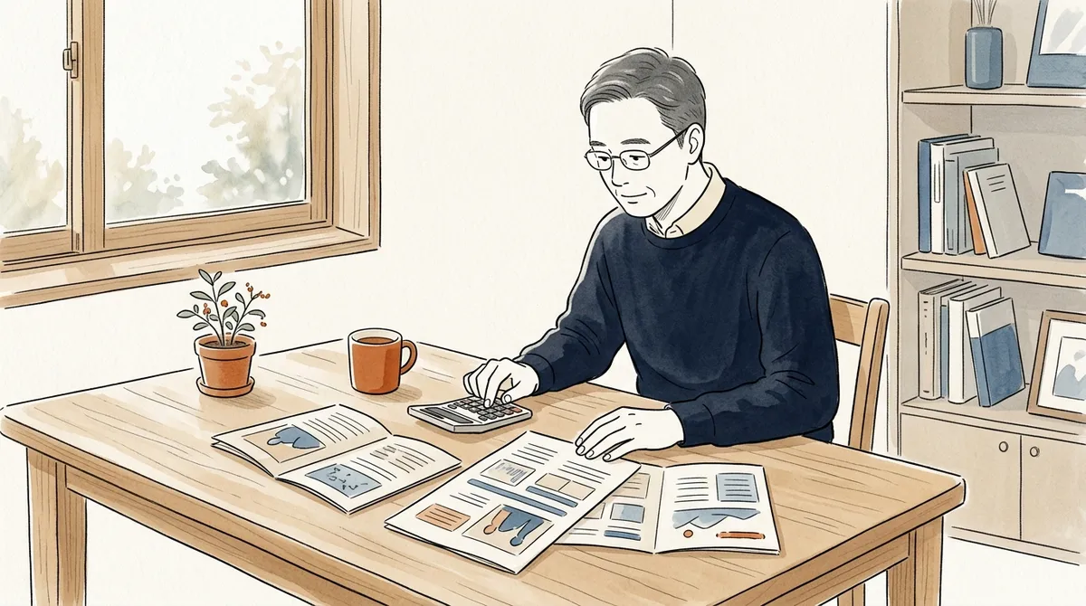パンフレットを並べ、電卓で受講料を比べる50代の男性のイラスト
