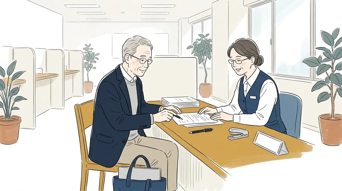 ハローワークの窓口で、職員と給付金の書類を確認する会社員のイラスト