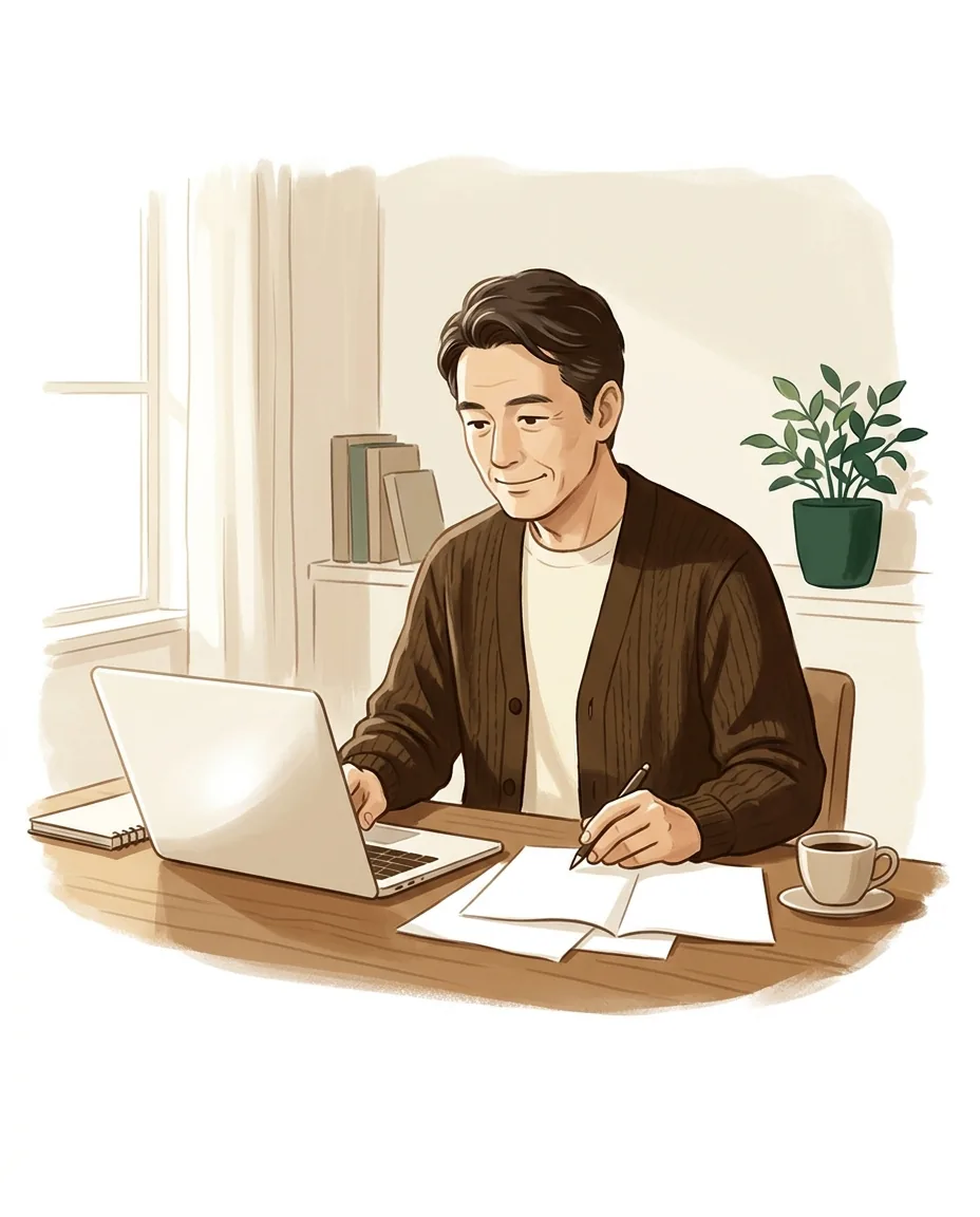 書斎でノートパソコンに向かい、資料を見ながら仕事をする50代の人のイラスト